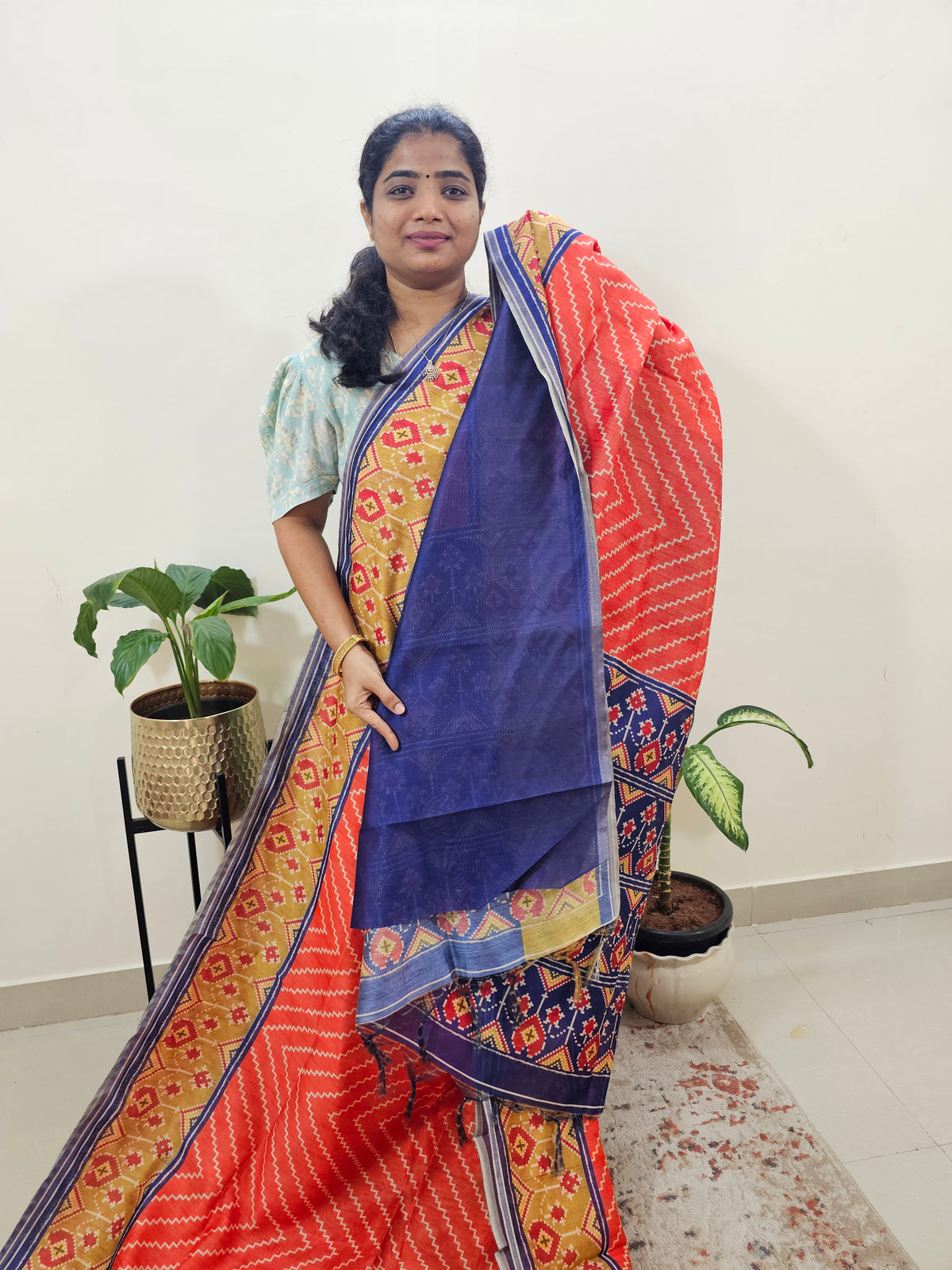 Semi Ghicha Digital Printed Saree - Orange with Violet