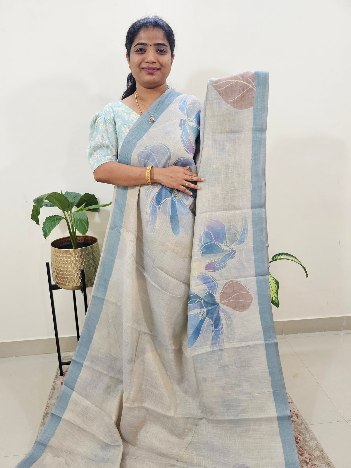 Linen Tissue with Digital Printed Sarees - Cream with Blue