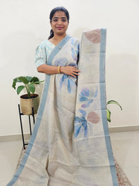 Linen Tissue with Digital Printed Sarees - Cream with Blue