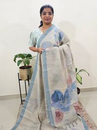 Linen Tissue with Digital Printed Sarees - Cream with Blue