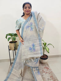 Linen Tissue with Digital Printed Sarees - Cream with Blue