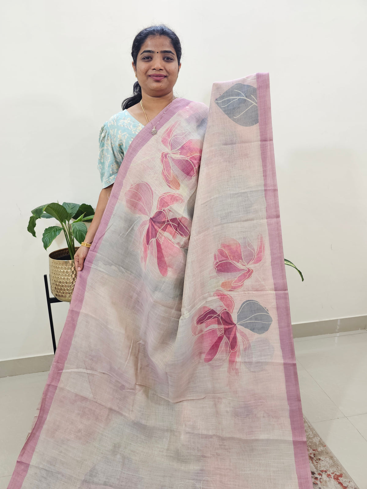 Linen Tissue with Digital Printed Sarees - Cream with Pink