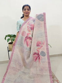 Linen Tissue with Digital Printed Sarees - Cream with Pink