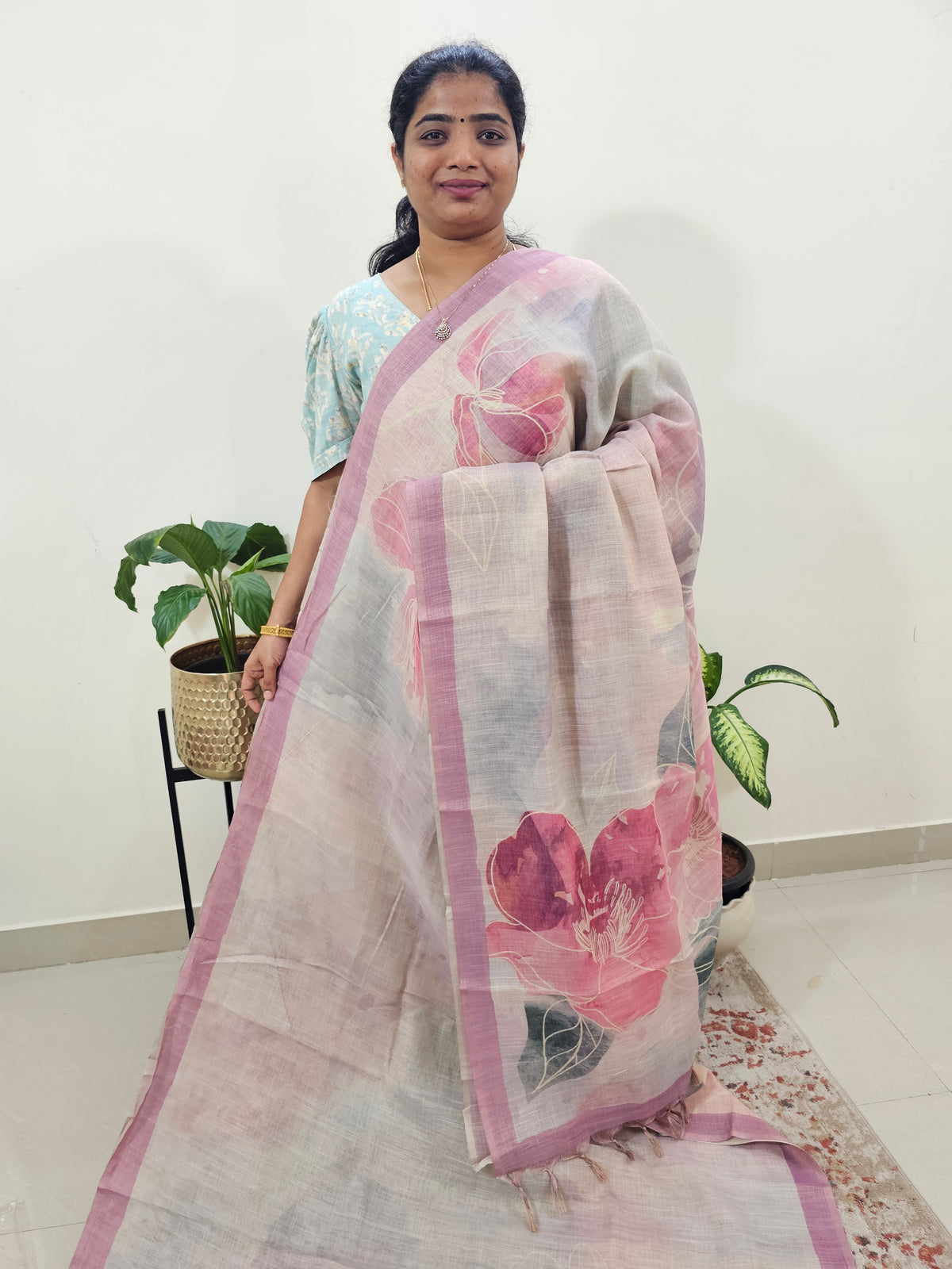 Linen Tissue with Digital Printed Sarees - Cream with Pink