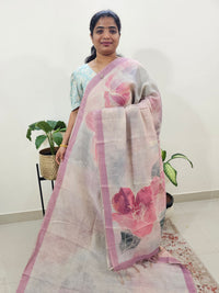 Linen Tissue with Digital Printed Sarees - Cream with Pink