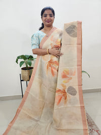 Linen Tissue with Digital Printed Sarees - Cream with Orange