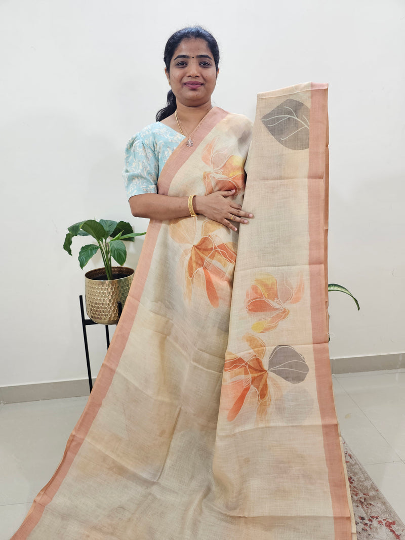 Linen Tissue with Digital Printed Sarees - Cream with Orange