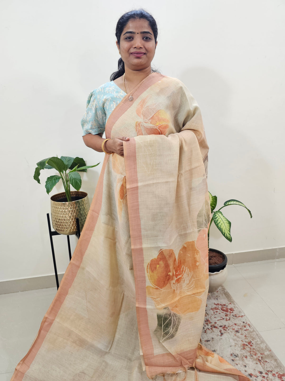 Linen Tissue with Digital Printed Sarees - Cream with Orange