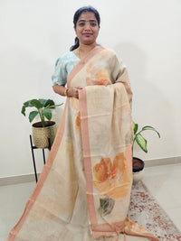 Linen Tissue with Digital Printed Sarees - Cream with Orange