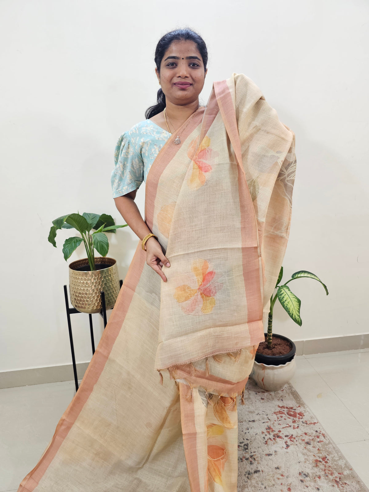 Linen Tissue with Digital Printed Sarees - Cream with Orange