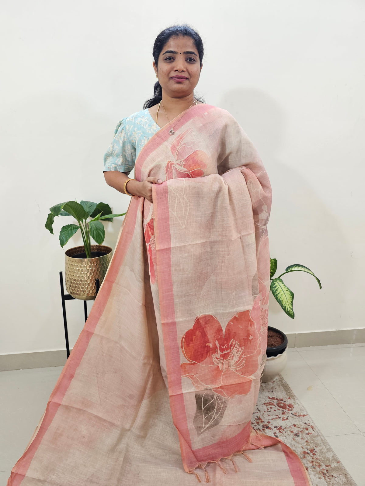 Linen Tissue with Digital Printed Sarees - Cream with Peach