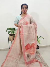 Linen Tissue with Digital Printed Sarees - Cream with Peach
