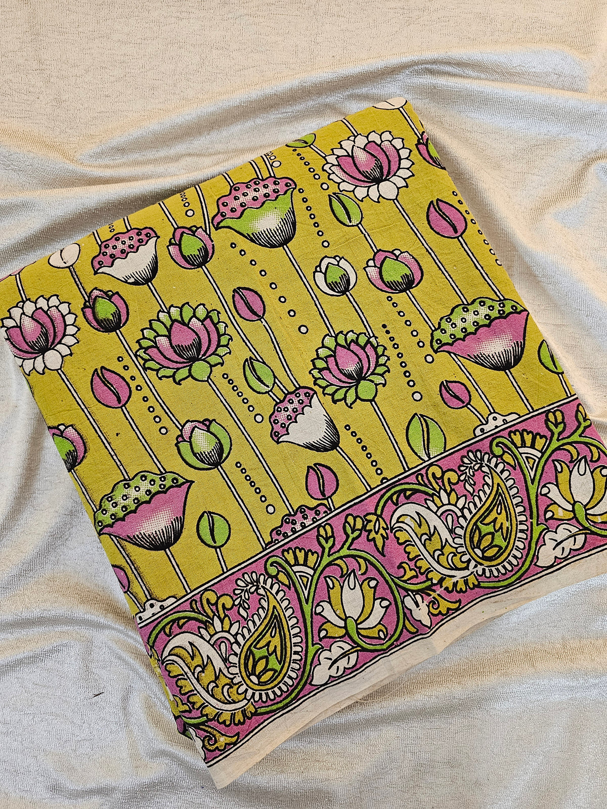 Cotton Kalamkari Saree - Lime Yellow with Pink