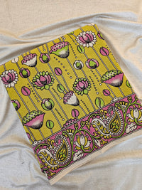 Cotton Kalamkari Saree - Lime Yellow with Pink