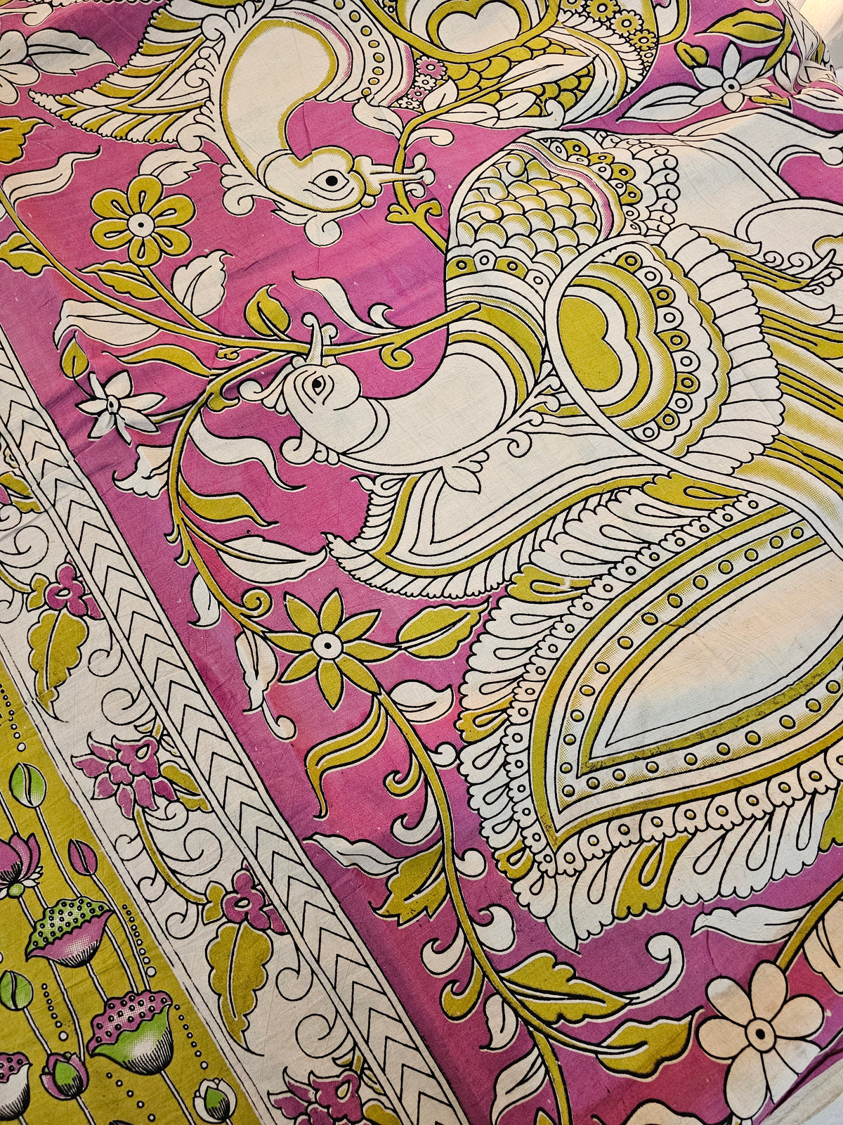 Cotton Kalamkari Saree - Lime Yellow with Pink