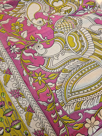 Cotton Kalamkari Saree - Lime Yellow with Pink