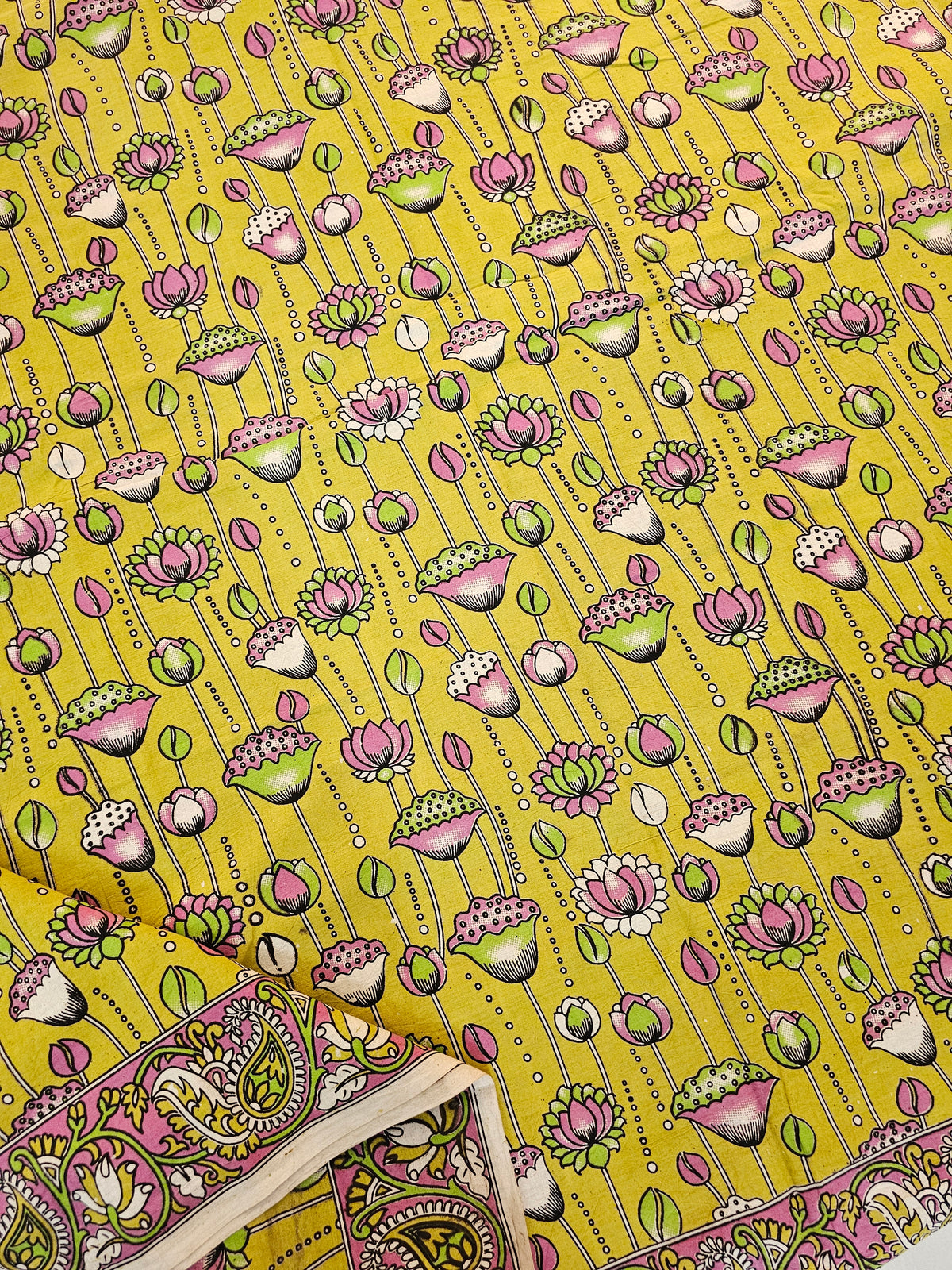 Cotton Kalamkari Saree - Lime Yellow with Pink