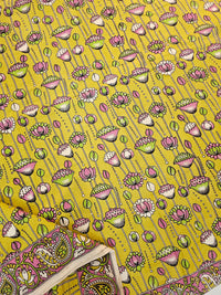 Cotton Kalamkari Saree - Lime Yellow with Pink