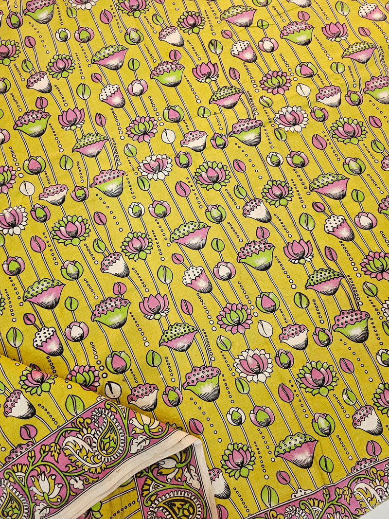 Cotton Kalamkari Saree - Lime Yellow with Pink