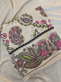 Cotton Kalamkari Saree - Cream with Pink