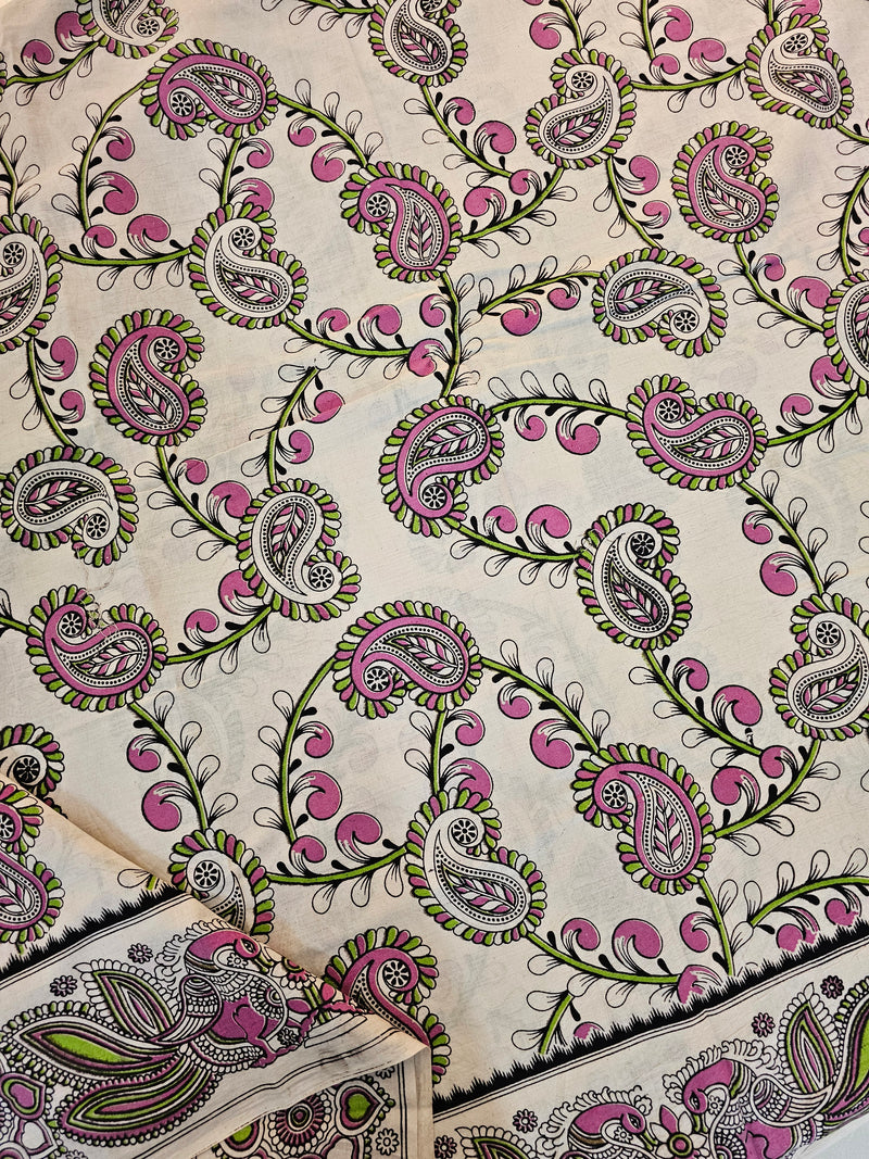 Cotton Kalamkari Saree - Cream with Pink