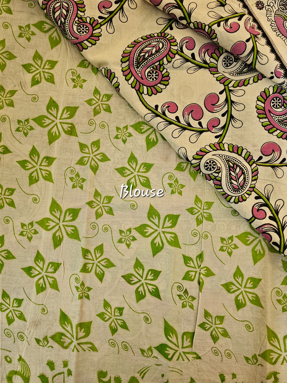 Cotton Kalamkari Saree - Cream with Pink