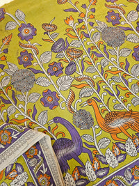 Cotton Kalamkari Saree - Lime Yellow with Multi Shade