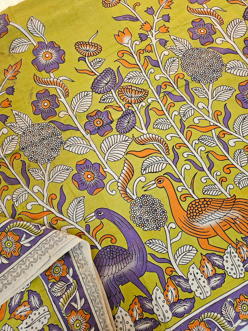 Cotton Kalamkari Saree - Lime Yellow with Multi Shade