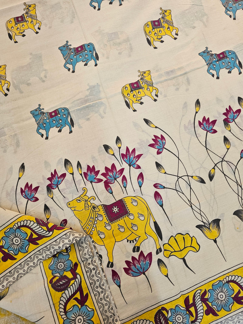 Cotton Kalamkari Saree - Cream with Yellow