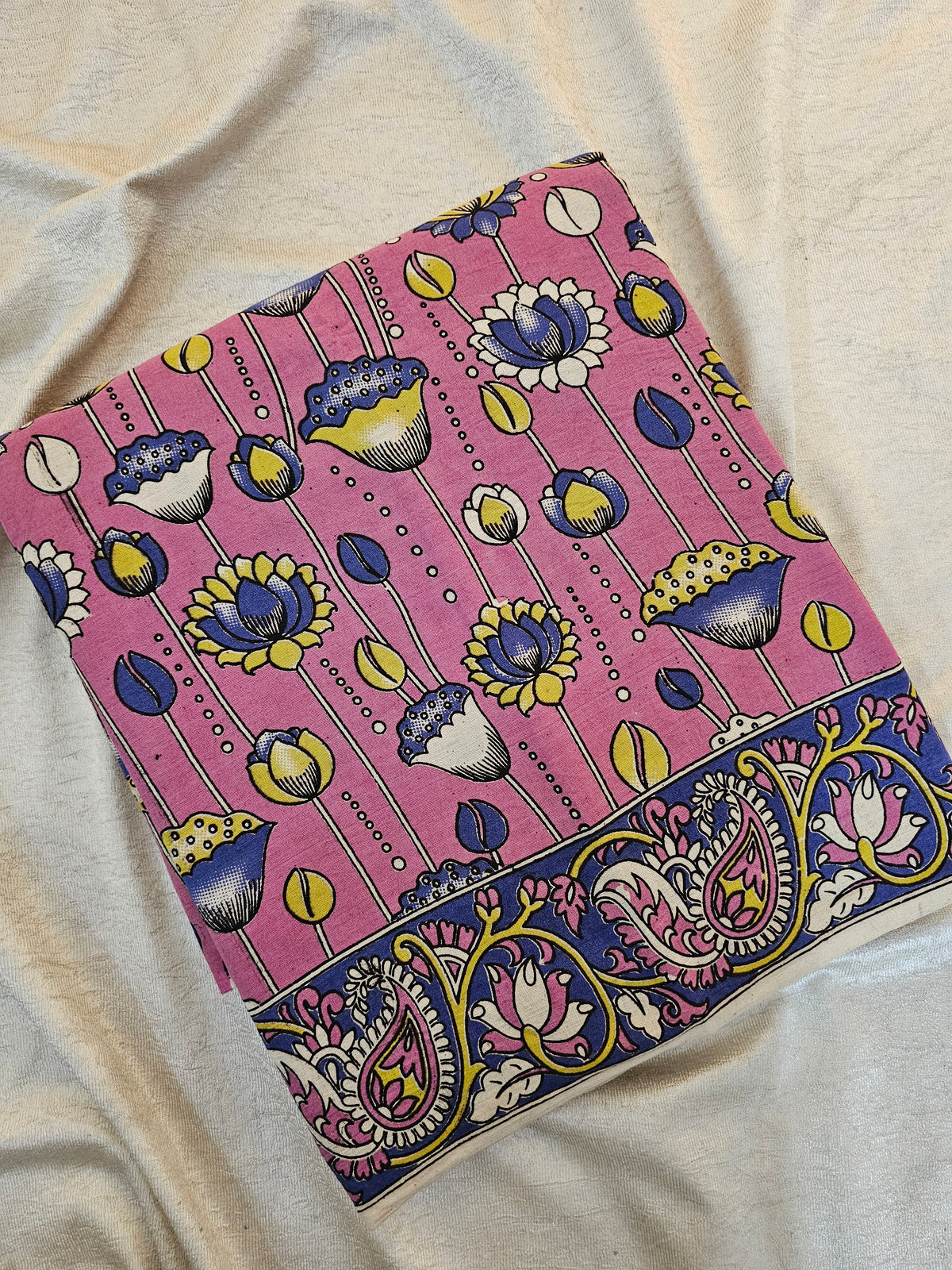 Cotton Kalamkari Saree - Pink with Blue