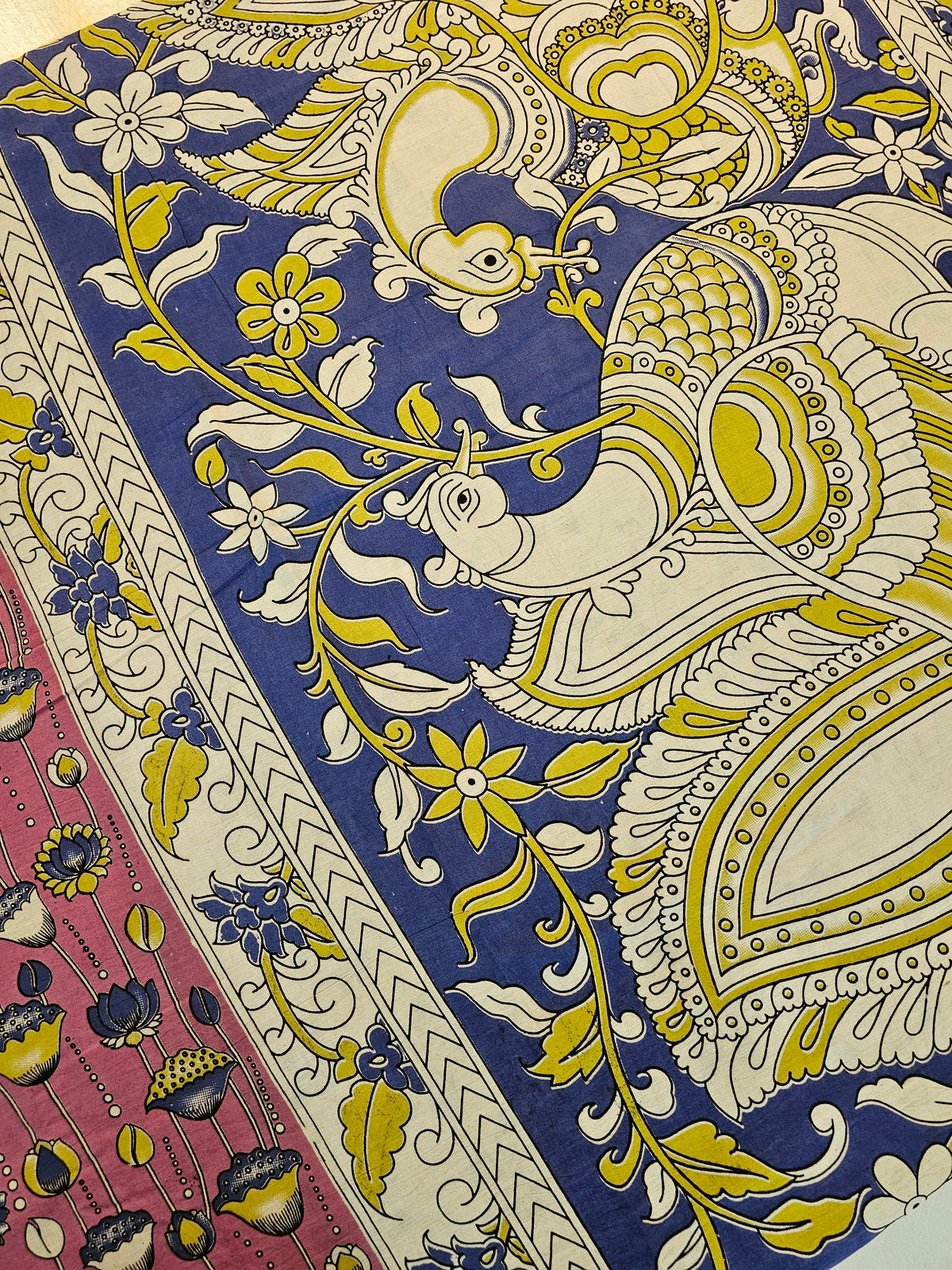 Cotton Kalamkari Saree - Pink with Blue