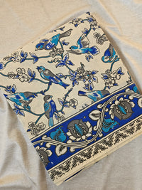 Cotton Kalamkari Saree - Cream with Blue