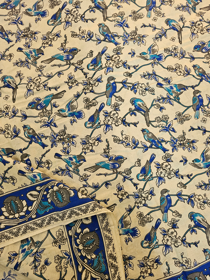 Cotton Kalamkari Saree - Cream with Blue