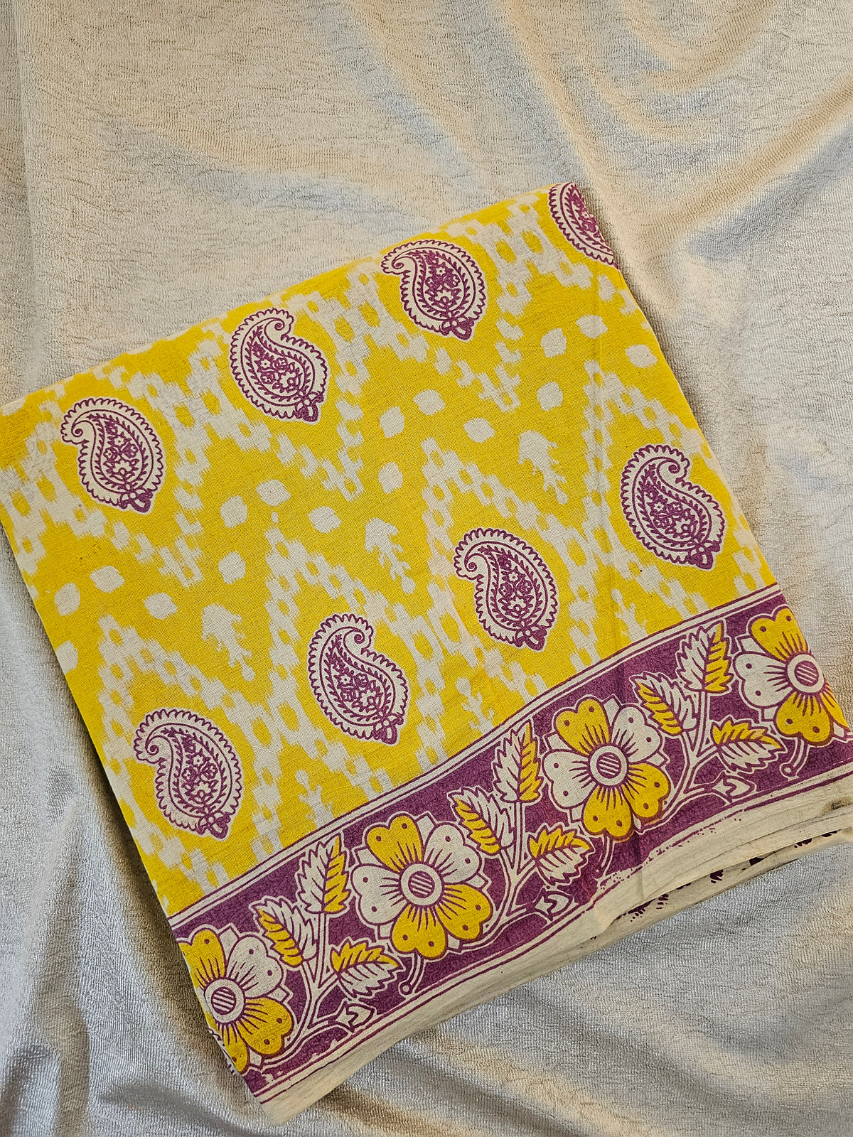 Cotton Kalamkari Saree - Yellow with Pink