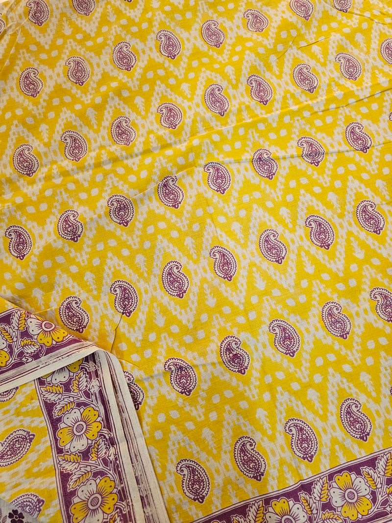 Cotton Kalamkari Saree - Yellow with Pink