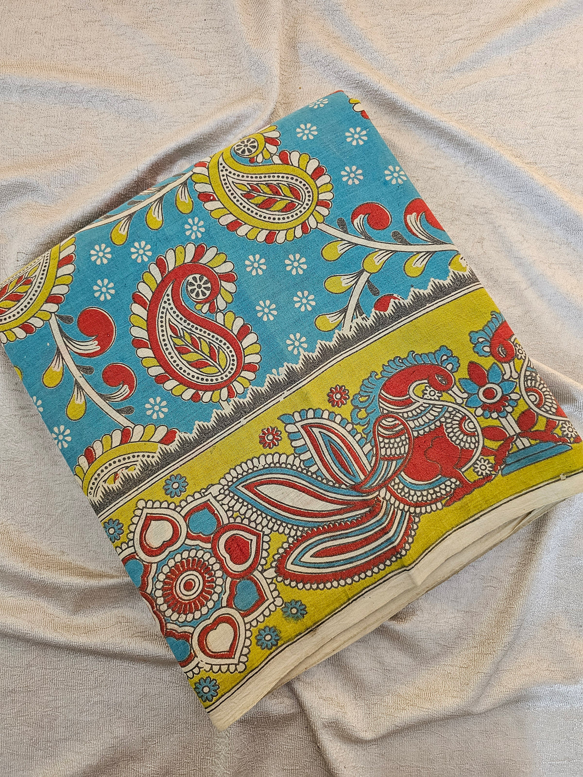 Cotton Kalamkari Saree - Blue with Lime Green