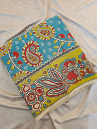 Cotton Kalamkari Saree - Blue with Lime Green