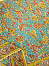 Cotton Kalamkari Saree - Blue with Lime Green