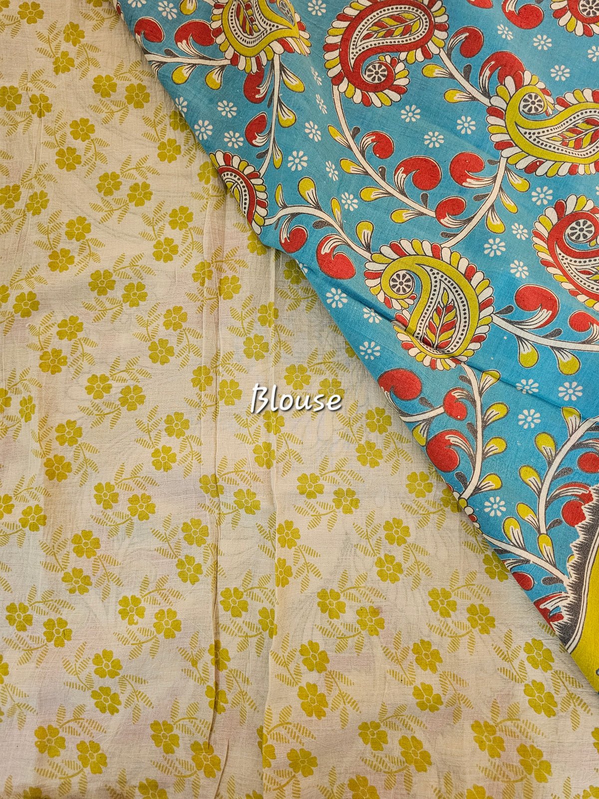 Cotton Kalamkari Saree - Blue with Lime Green