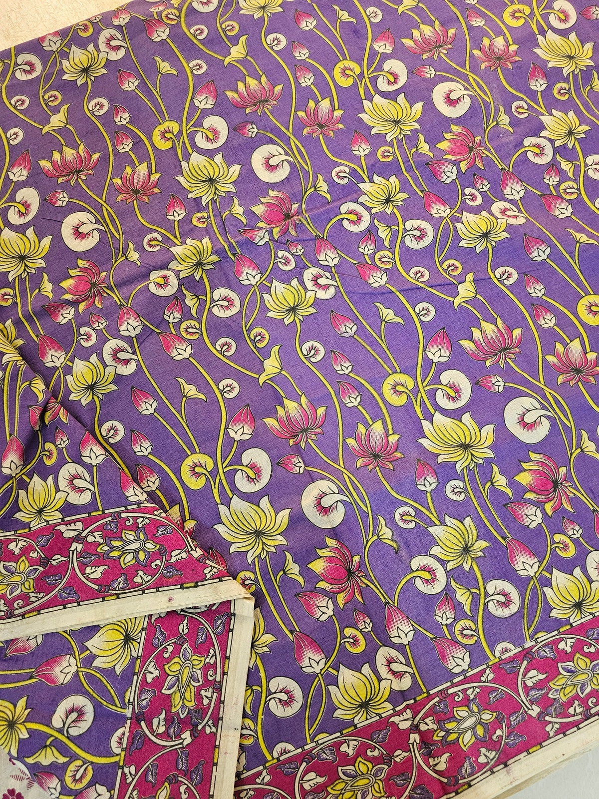Cotton Kalamkari Saree - Lavender with Pink