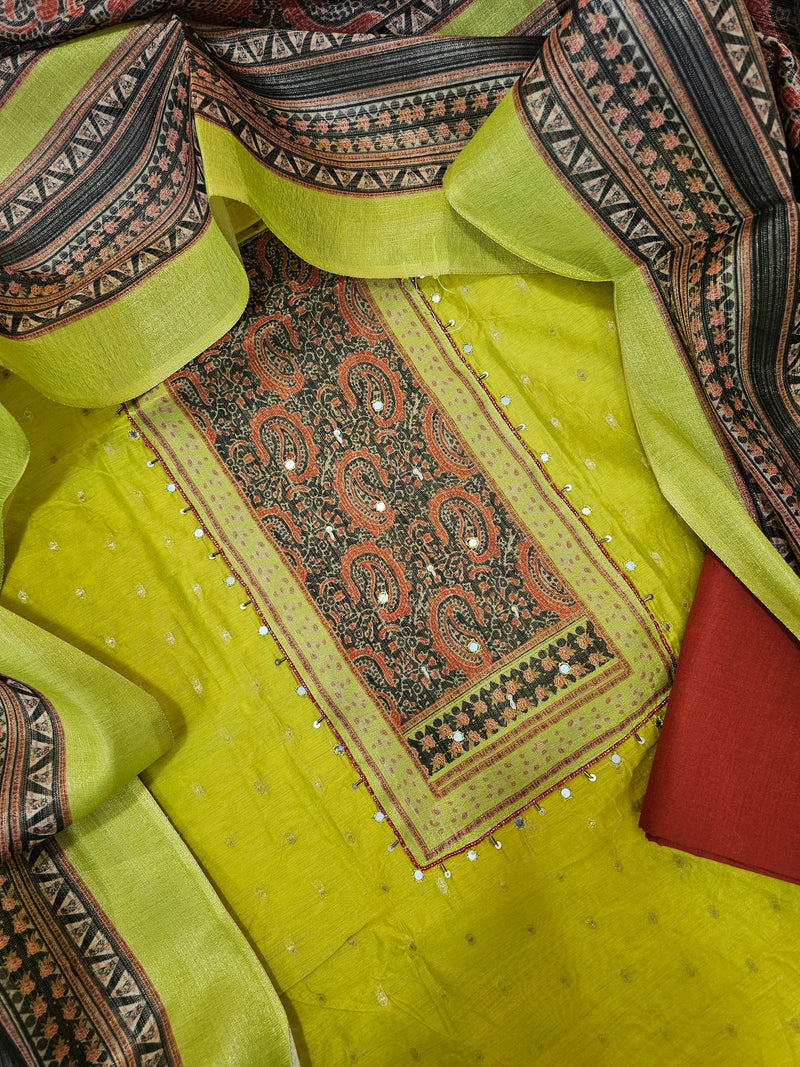 Semi Tussar Silk Unstitched Salwar - Lime Green with Bricky Red