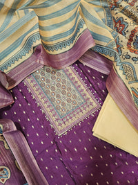 Semi Tussar Silk Unstitched Salwar - Dark Purple with Beige