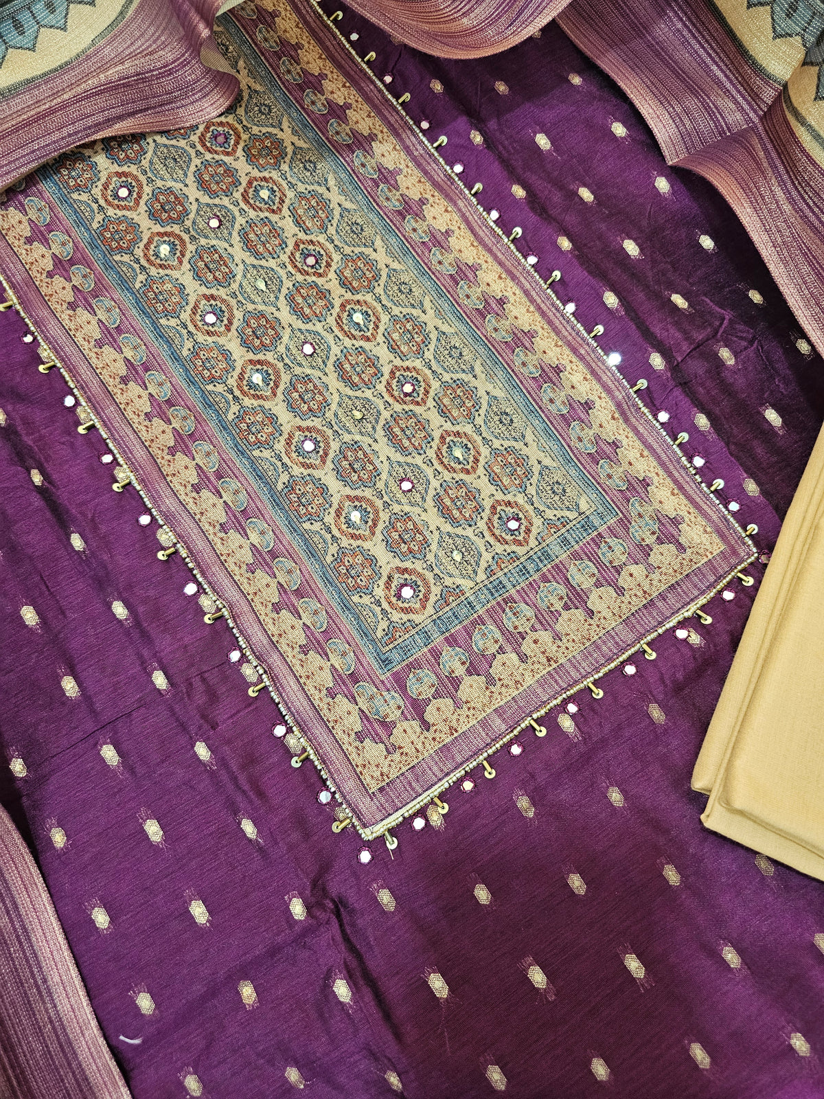 Semi Tussar Silk Unstitched Salwar - Dark Purple with Beige