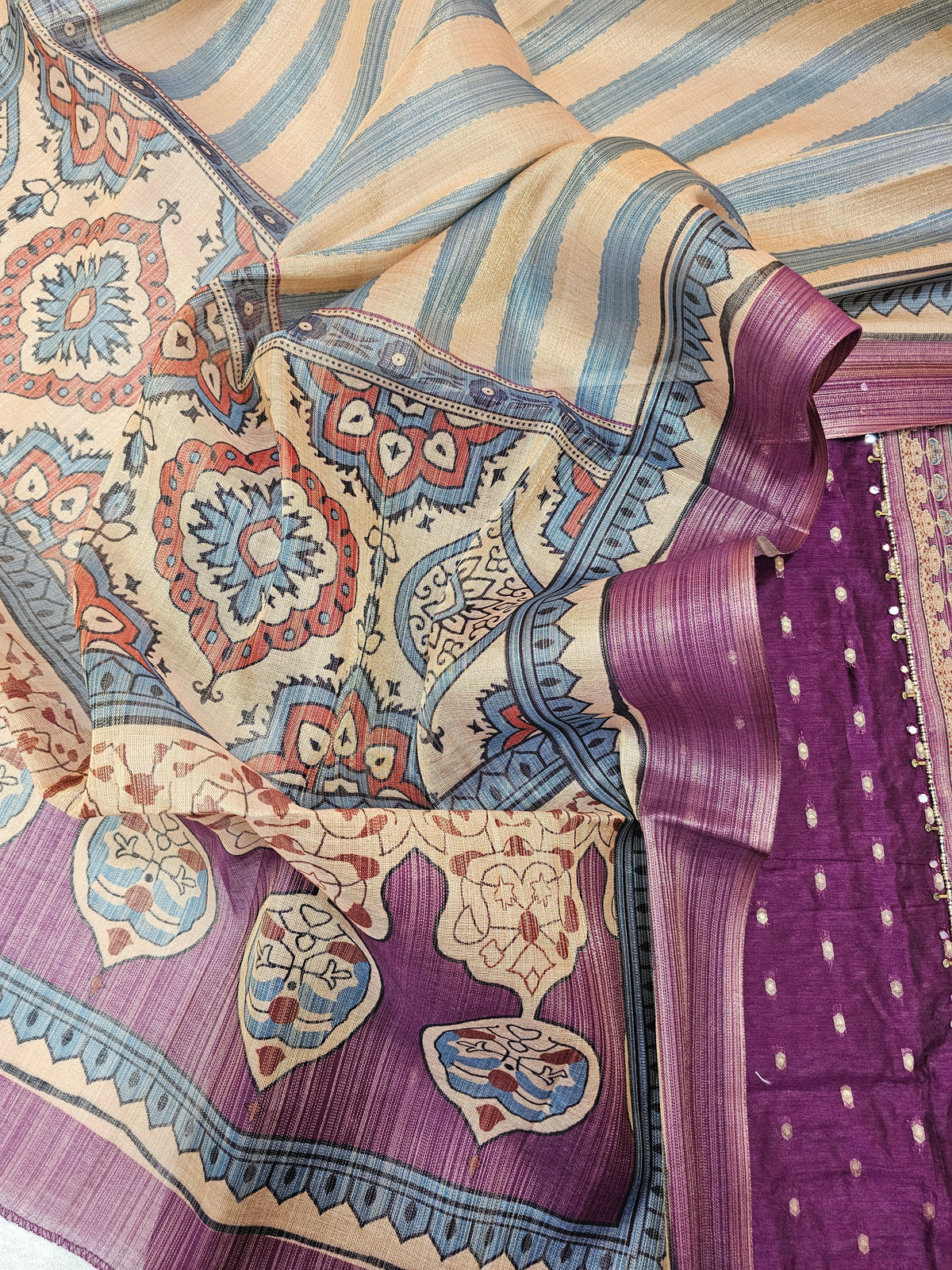 Semi Tussar Silk Unstitched Salwar - Dark Purple with Beige