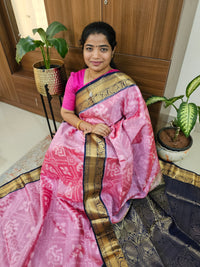 Fusion Pochampally with Kanchi Border Pure Handloom Soft Silk Saree - Onion Pink with Blue Border