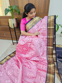 Fusion Pochampally with Kanchi Border Pure Handloom Soft Silk Saree - Onion Pink with Blue Border