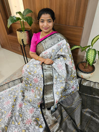 Fusion Pochampally with Kanchi Border Pure Handloom Soft Silk Saree - White with Black