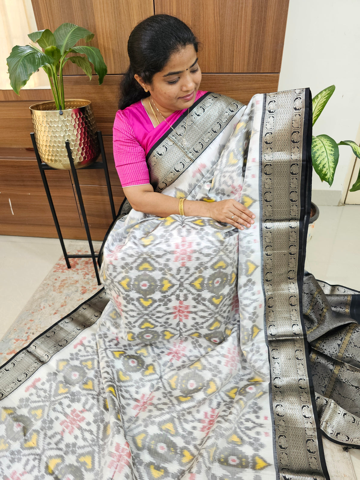 Fusion Pochampally with Kanchi Border Pure Handloom Soft Silk Saree - White with Black