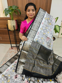 Fusion Pochampally with Kanchi Border Pure Handloom Soft Silk Saree - White with Black