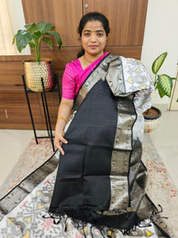 Fusion Pochampally with Kanchi Border Pure Handloom Soft Silk Saree - White with Black